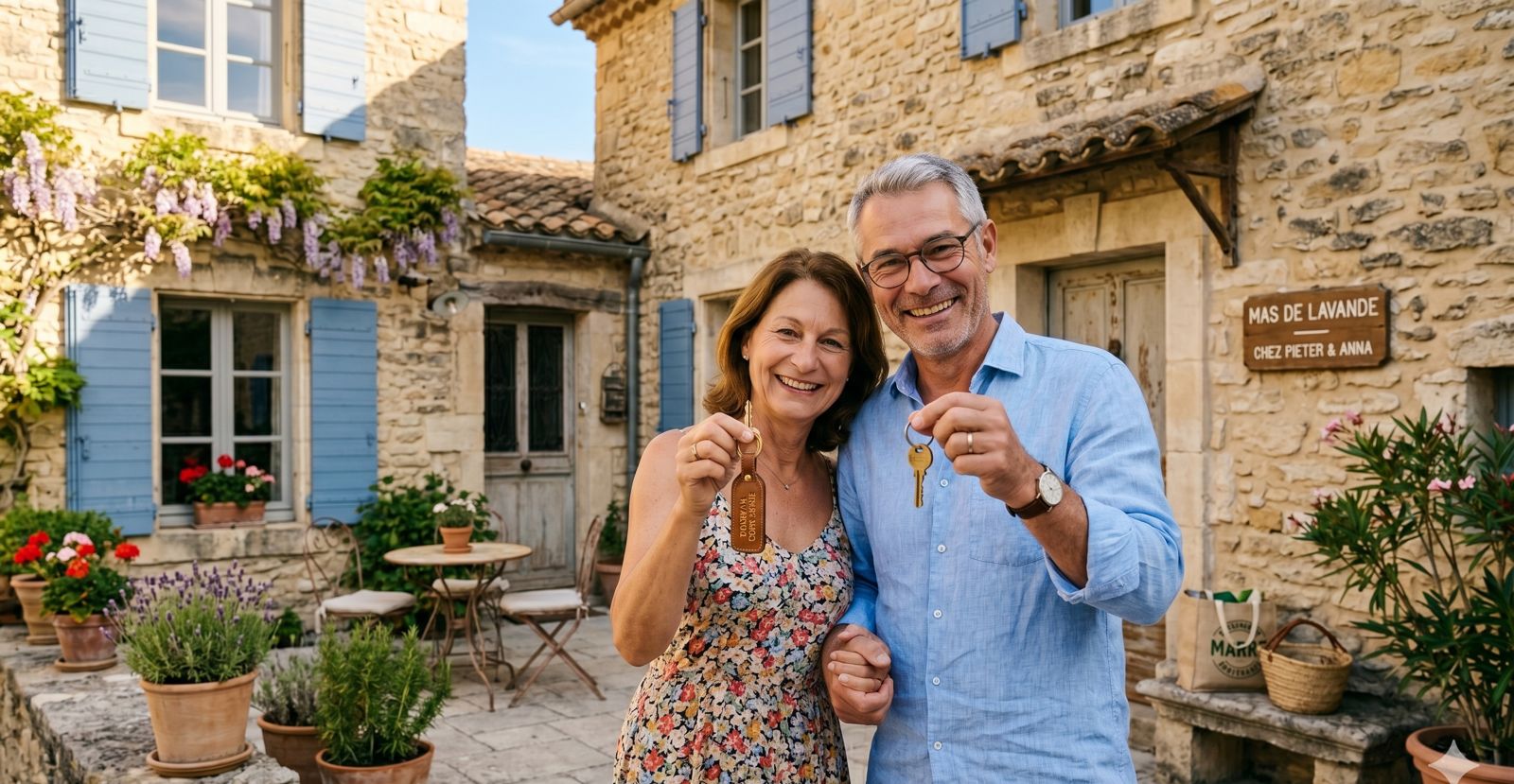 A couple holding the keys to their house in France
