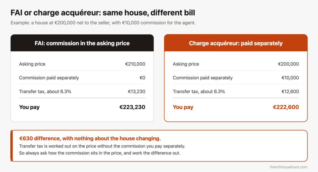 Comparison of FAI and charge acqu&eacute;reur on a house of 200,000 euros: with charge acqu&eacute;reur you pay 630 euros less transfer tax