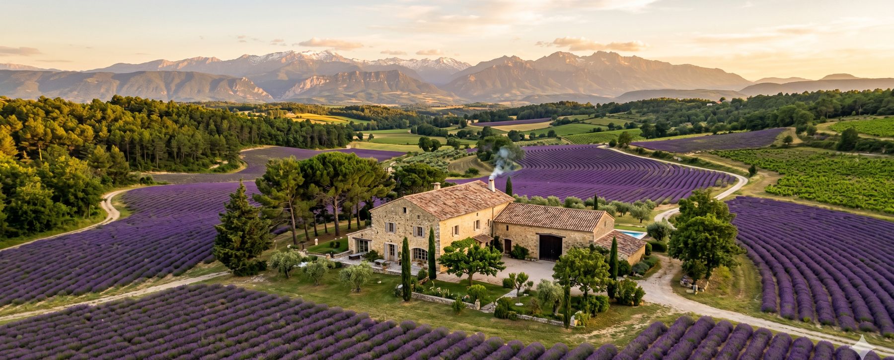 A stone farmhouse between lavender fields in the south of France