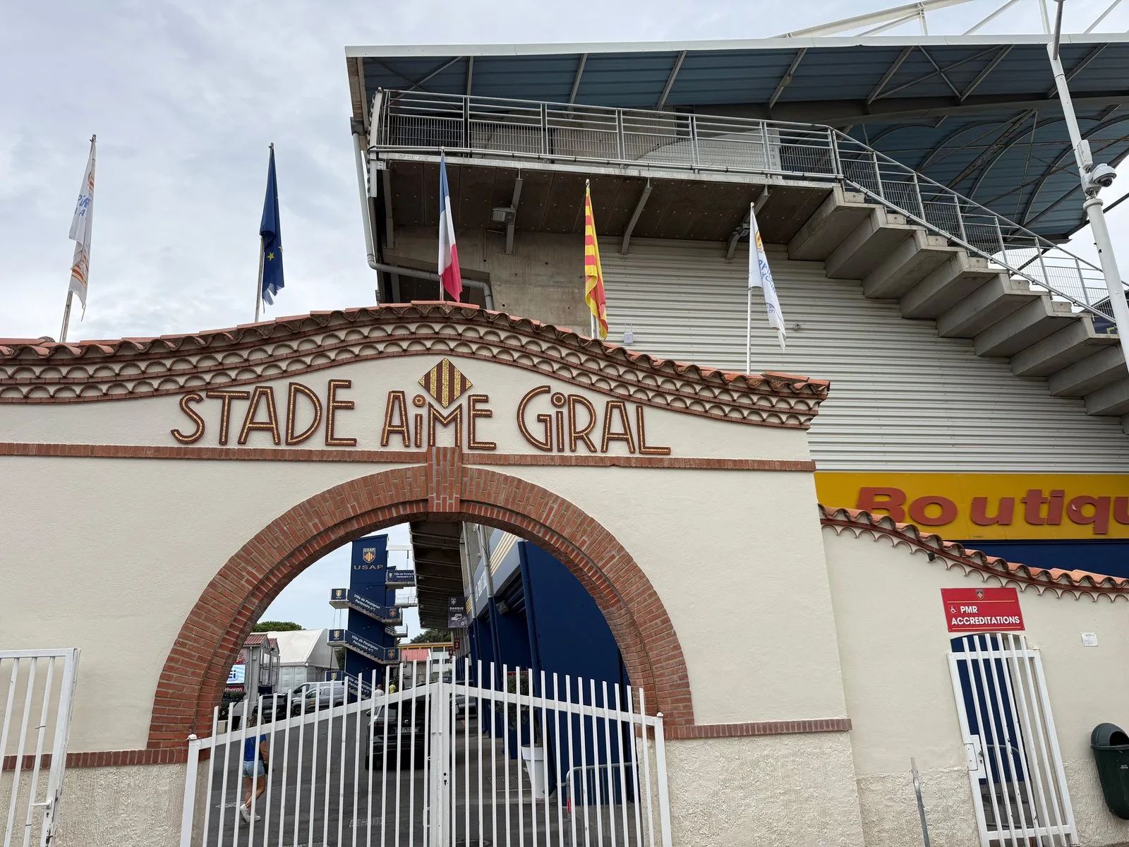 Stade Aimé Giral in Perpignan, home of the USAP rugby club. The Catalan flag flies next to the French and European ones.