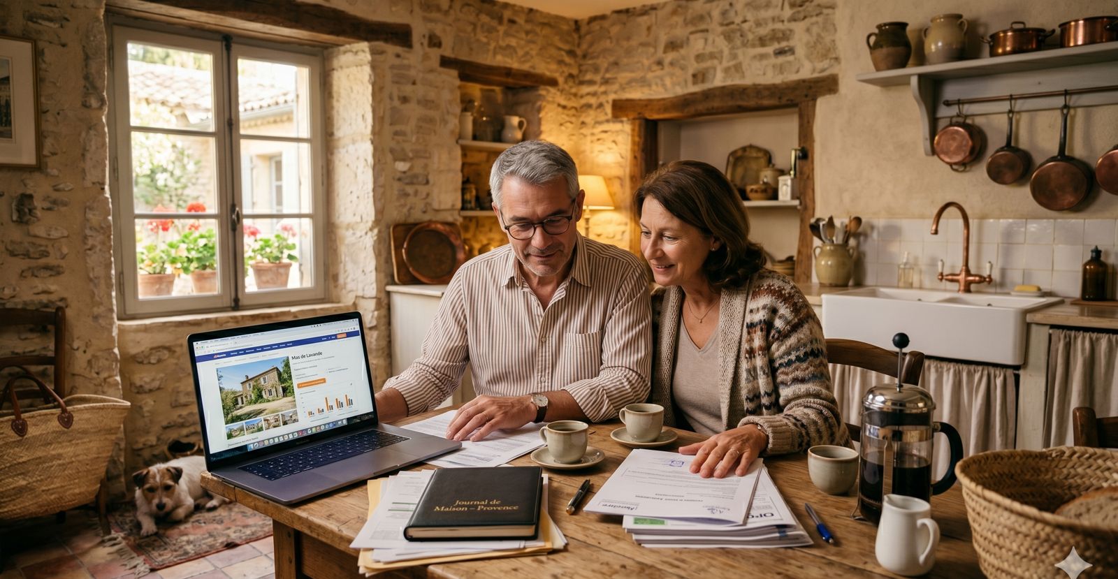 A couple planning the purchase of a house in France at a kitchen table