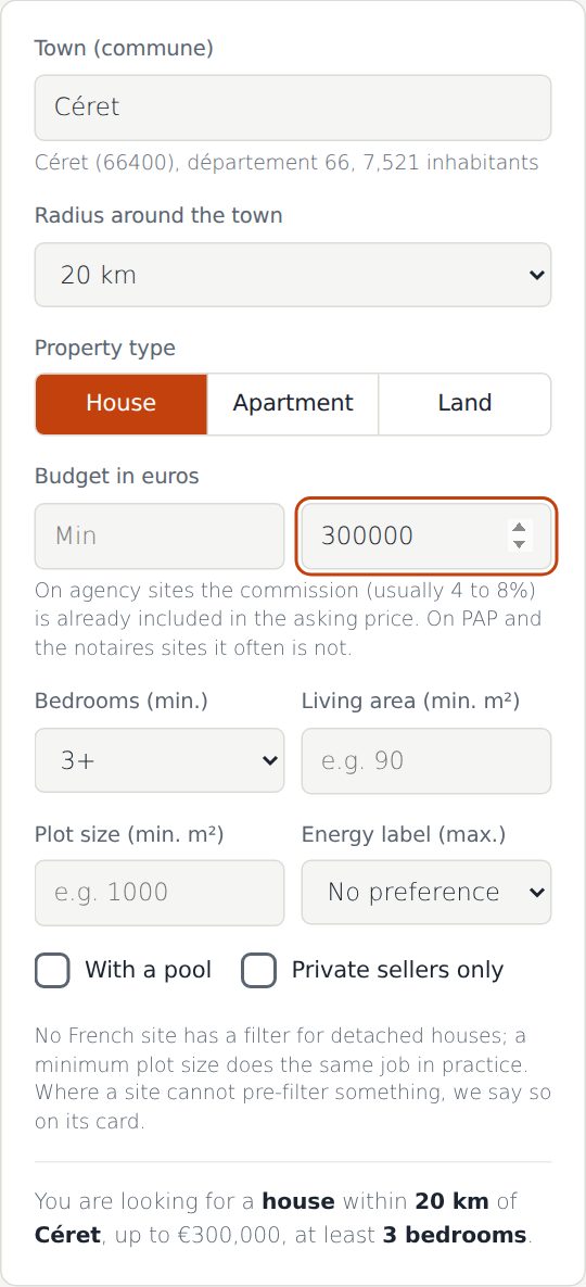 One form, in English. The Search Helper works out which villages fall within your radius.