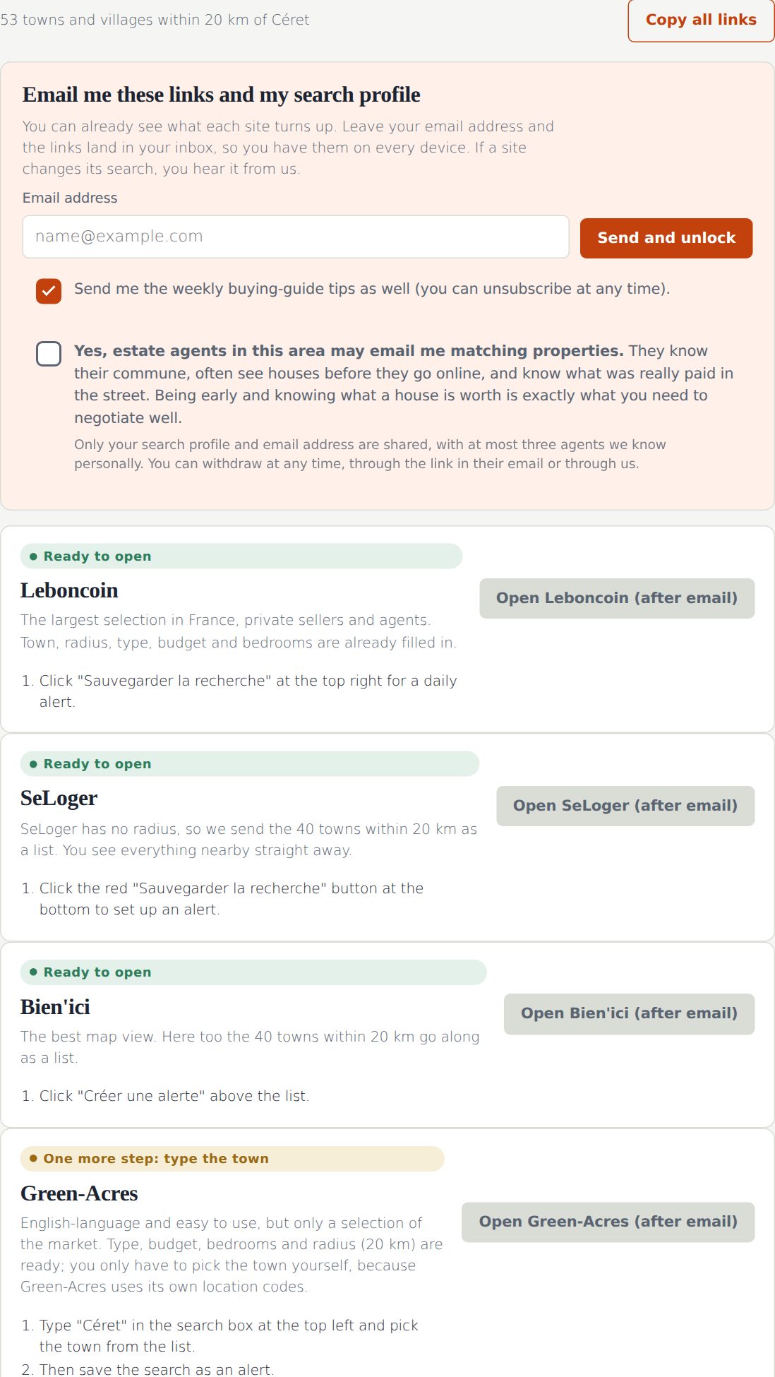One button per site, plus instructions in English for setting the alert.