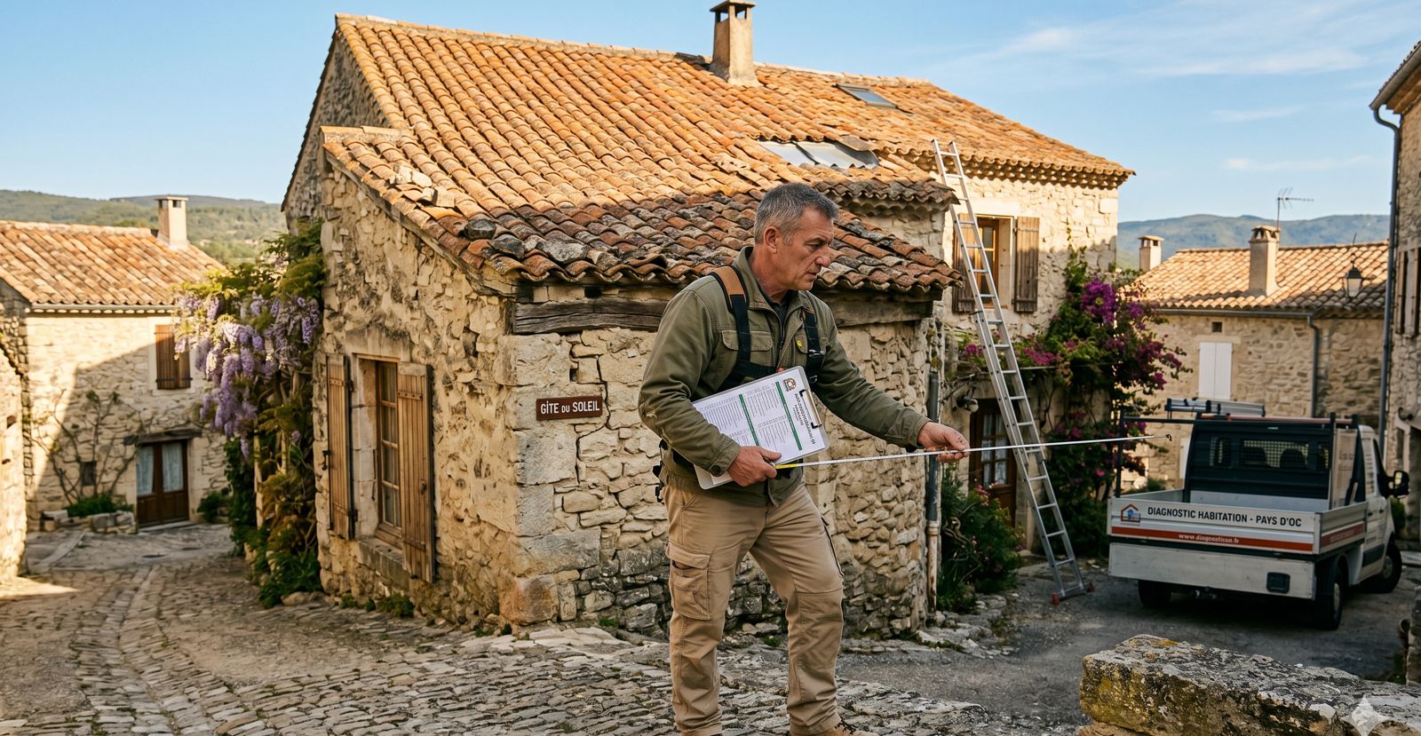 A surveyor inspecting an old stone house in France