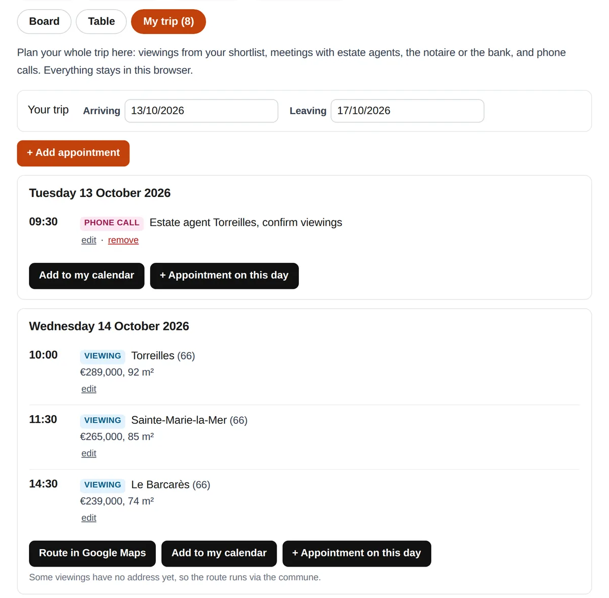 The My trip tab with arrival and departure dates, a phone call on the first day and three coastal viewings on the second
