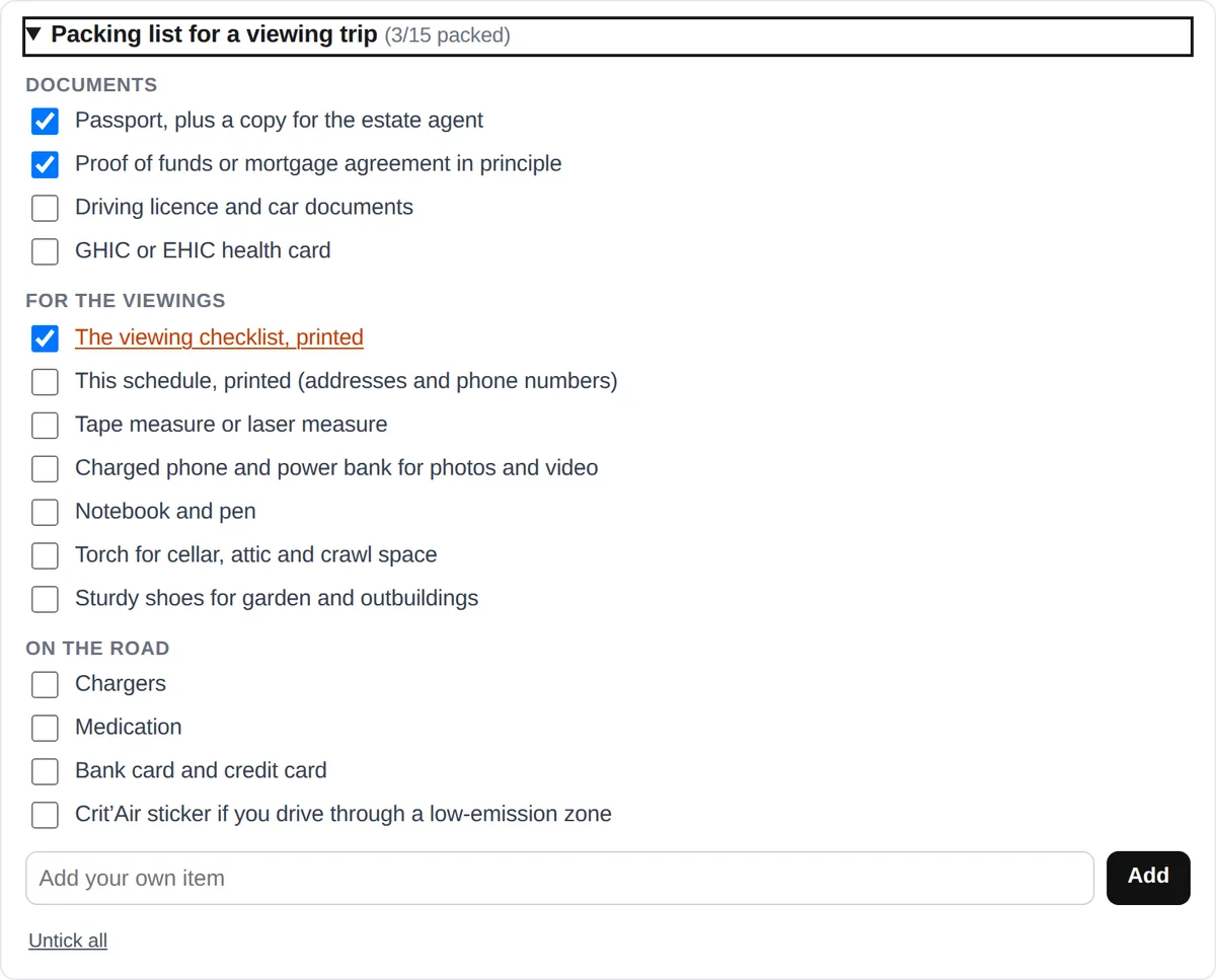 The packing list in My trip with the groups Documents, For the viewings and On the road